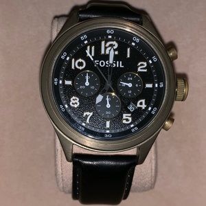 Fossil Vintage Brass Watch with Black Leather Band
